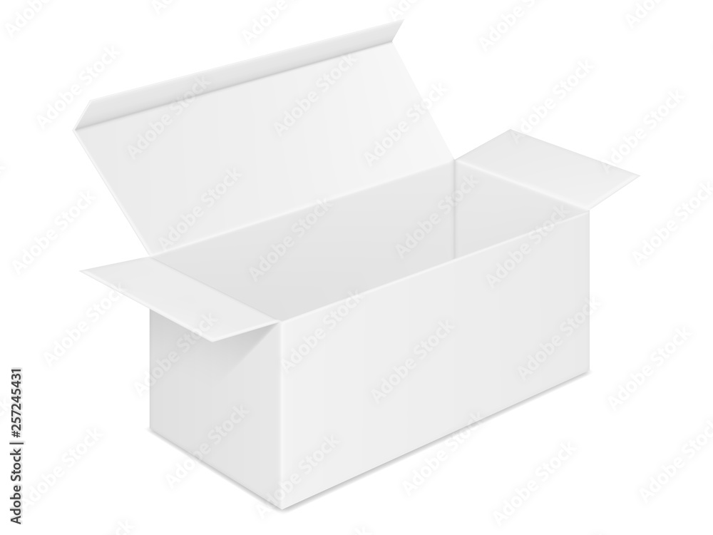 Vector realistic image (mock-up, layout) of blank open rectangular paper box. View in perspective. Isolated on white. The image was created using gradient mesh. Vector EPS 10. Vector realistic image (mock-up, layout) of blank open rectangular paper box. View in perspective. Isolated on white. The image was created using gradient mesh. Vector EPS 10.