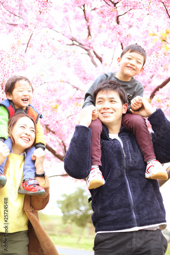 肩車をする笑顔の30代夫婦と2人の子供の家族と春の満開の桜の背景