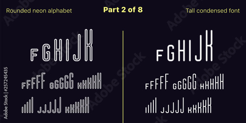 Condensed White neon font, Rounded. Vector set