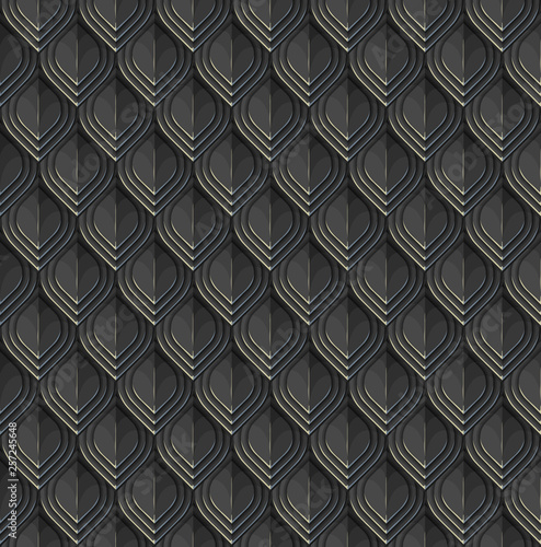 Reptile or fish scales. Black lamellar armour with blue and pale glares. Vector seamless pattern
