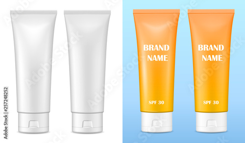 Vector realistic image (mock up, layout) of blank matte and glossy packaging for cosmetics. Layout of sunscreen cream. EPS 10.