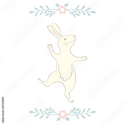 Easter Bunny character. Happy running and dancing bunnies. Flower frame silhouette. Isolated on white background. © KatiaZhe