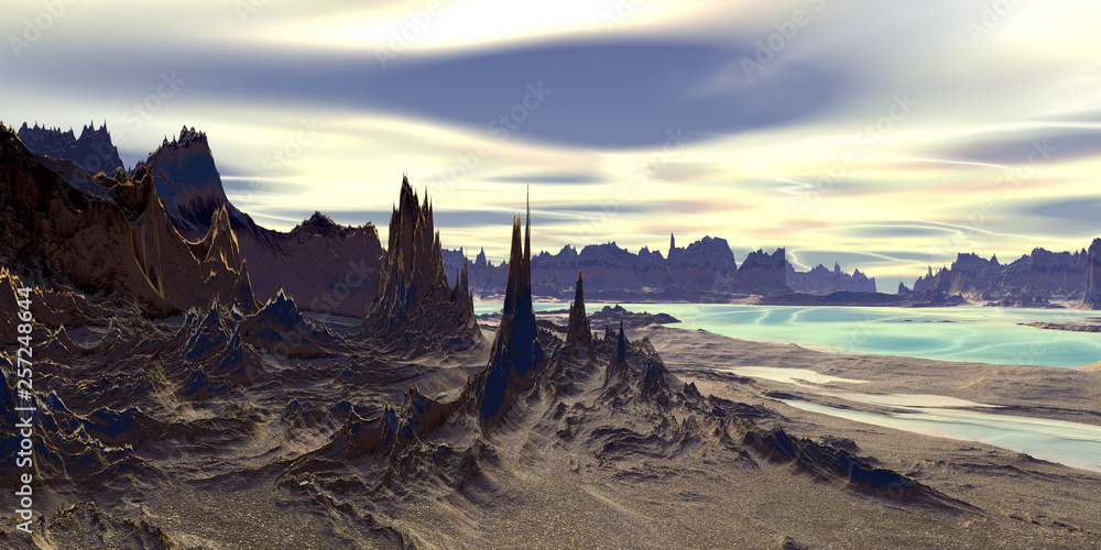 Alien Planet. Mountain and  water. 3D rendering - obrazy, fototapety, plakaty 