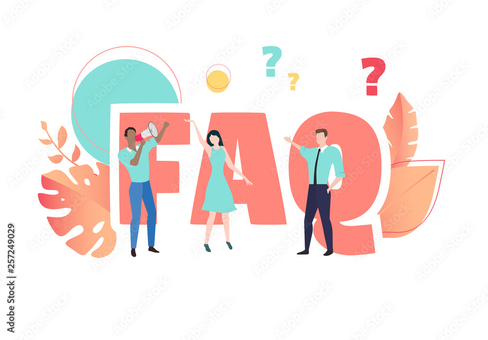 FAQ - frequently asked questions sign or poster with people on white background. FAQ - frequently asked questions sign or poster with people on white background.