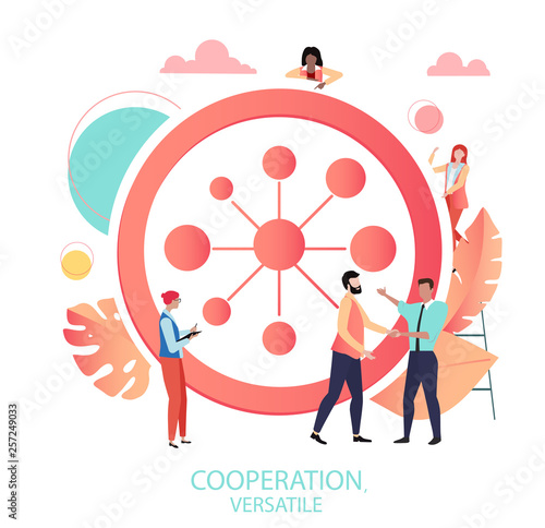 Cooperation, versatile. People meet, agreed, work together, interact.