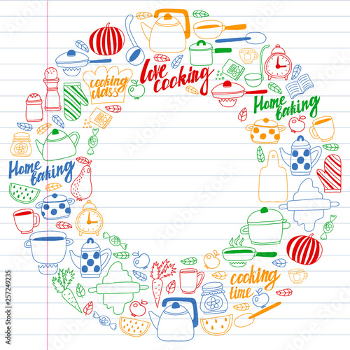 Vector set of children's kitchen and cooking drawings icons in doodle style. Painted, colorful, pictures on a piece of linear paper on white background.