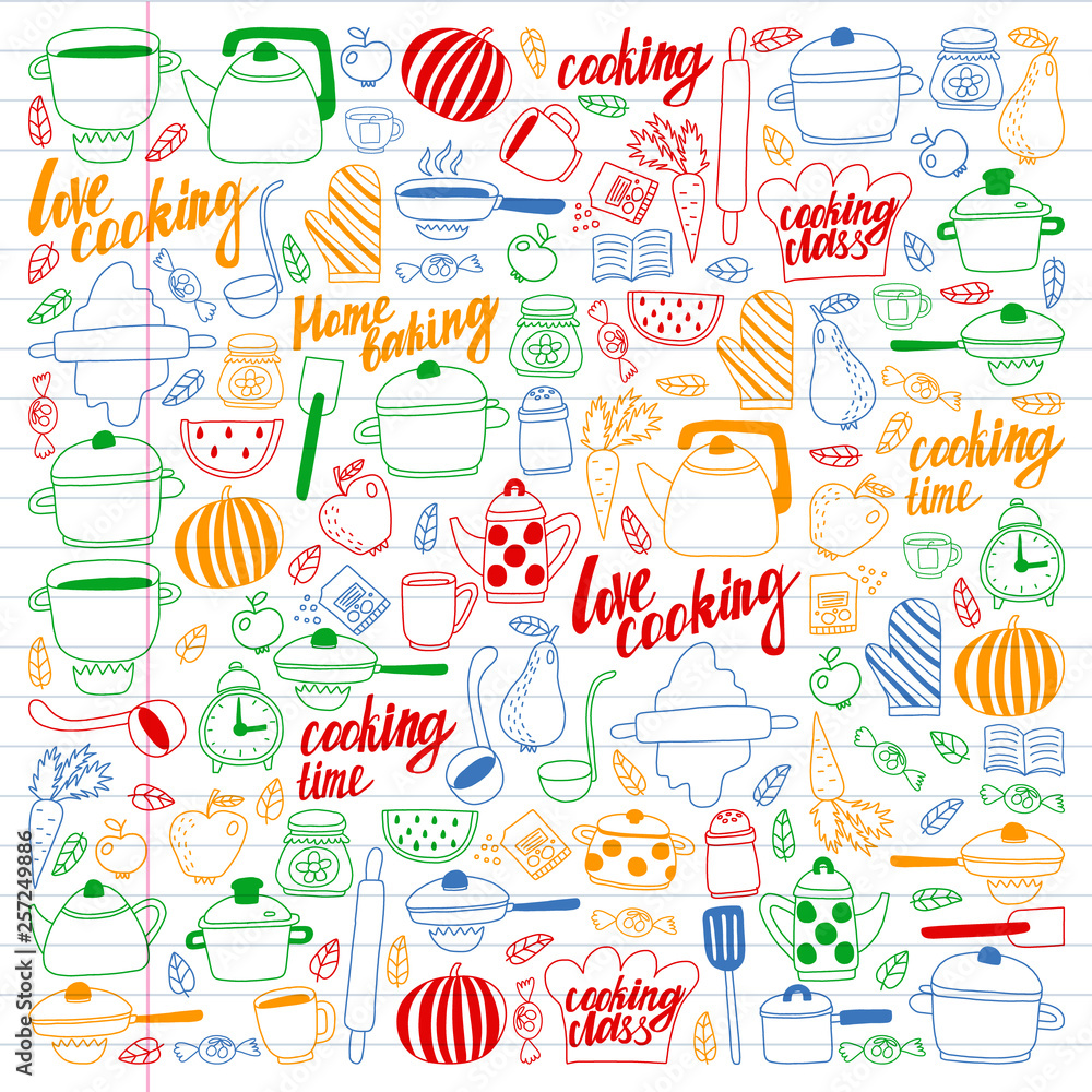 Vector set of children's kitchen and cooking drawings icons in doodle style. Painted, colorful, pictures on a piece of linear paper on white background. Vector set of children's kitchen and cooking drawings icons in doodle style. Painted, colorful, pictures on a piece of linear paper on white background.