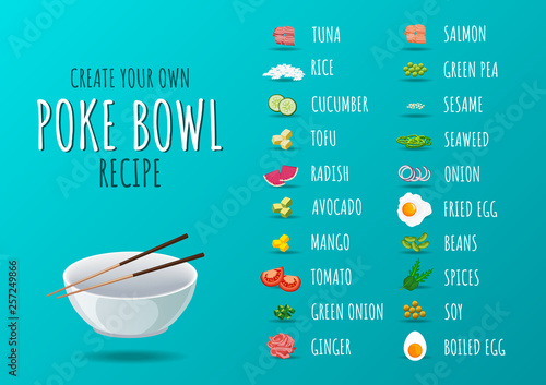 Set of poke bowl ingredients. Create own recipe of poke bowl photo
