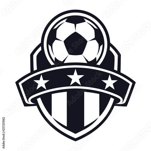 Monochrome, football flat icon, soccer ball, shield and stars. Sport games. Vector illustration, isolated on white background. Simple shape for design logo, emblem, symbol, sign, badge, label, stamp.