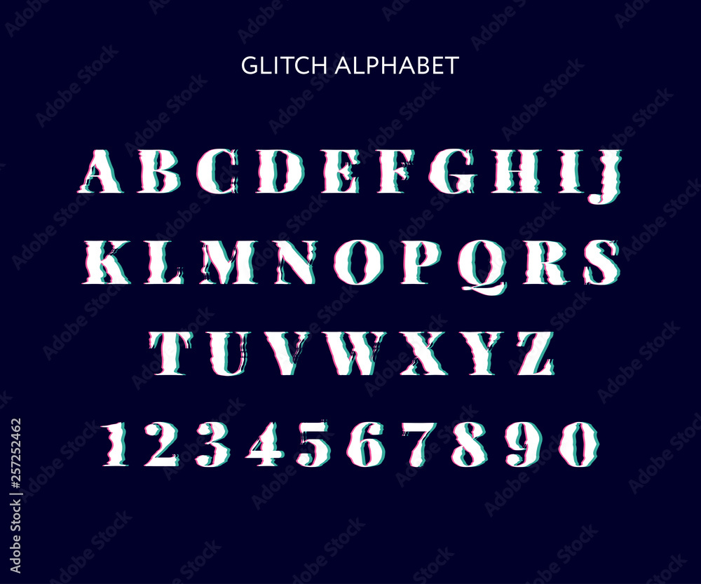 Vector distorted glitch font. Trendy style lettering typeface. Latin letters from A to Z