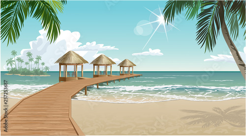 Fototapeta Naklejka Na Ścianę i Meble -  Vector seaside view poster with tropical beach and bungalows