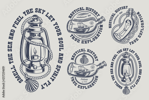 Set of vintage marine illustrations black and white