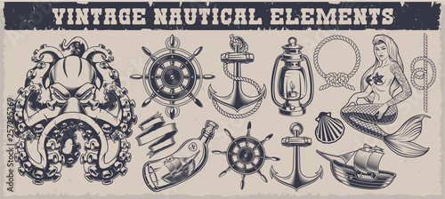 Set of black and white vintage nautical elements