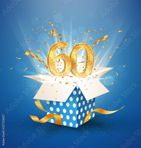 60 th years anniversary and open gift box with explosions confetti. Isolated design element. Template sixty birthday celebration on blue background vector Illustration