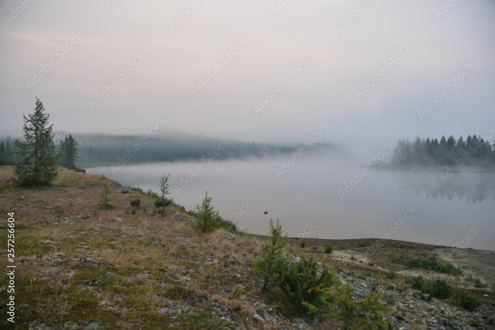 Misty morning on the taiga river.