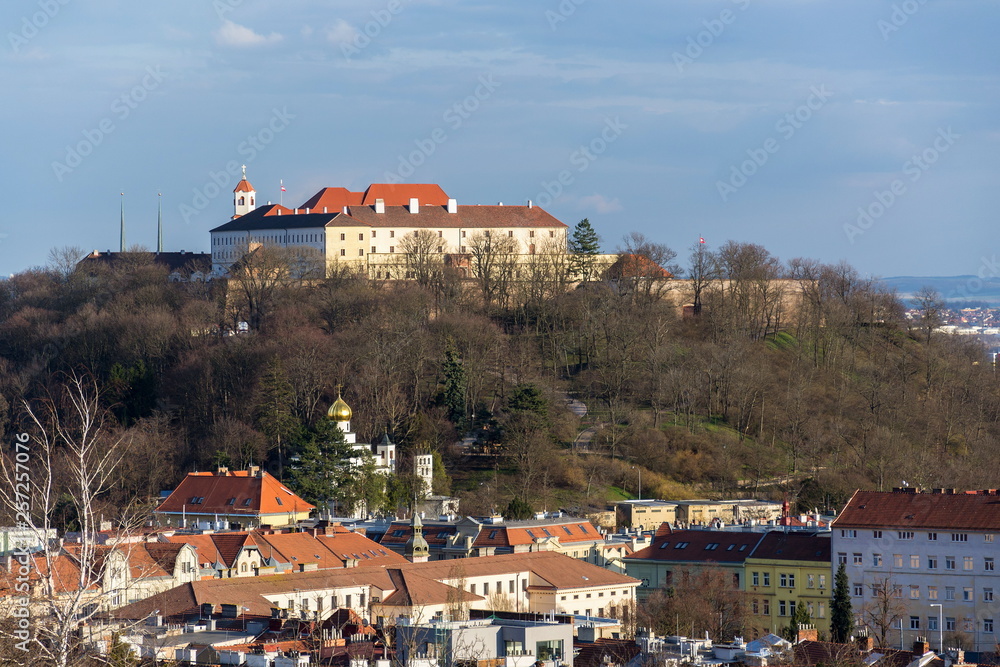 Obraz premium Beautiful Spilberk castle with Saint Wenceslas orthodox cathedral in foreground, Brno, Moravia, Czech Republic, sunny day