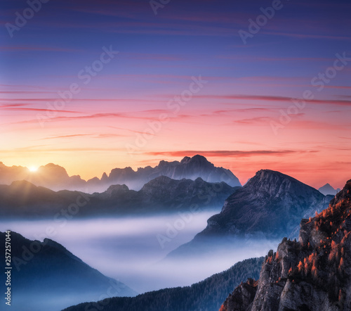 Mountains in fog at beautif...