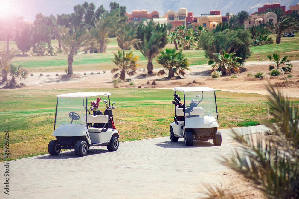 Golf carts on the grass sport field. Lifestyle and sport concept Golf carts on the grass sport field. Lifestyle and sport concept
