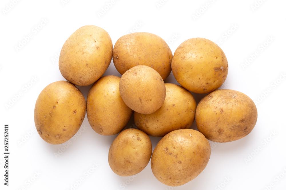 Potatoes isolated on white background. Flat lay. Top view. Potatoes isolated on white background. Flat lay. Top view.