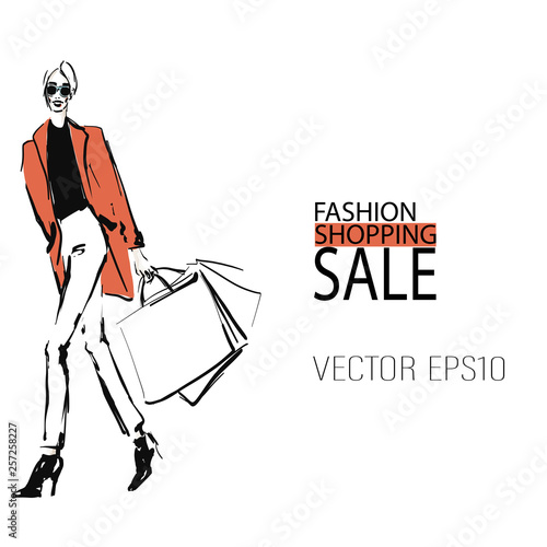 Young beautiful woman in red coat with shopping bags. Sale concept. Hand-drawn fashion illustration