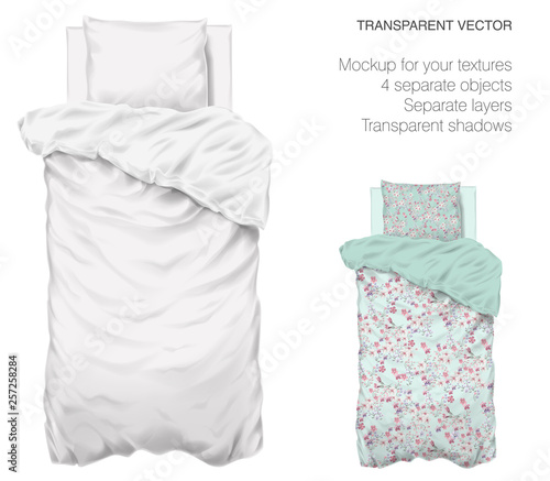 Vector blank white bed mock up for your design and fabric textures. Pillows and blanket with transparent shadows. View from the top.