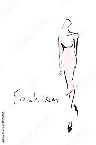 Hand-drawn fashion illustration. Young woman, girl, model. Sketch, vector