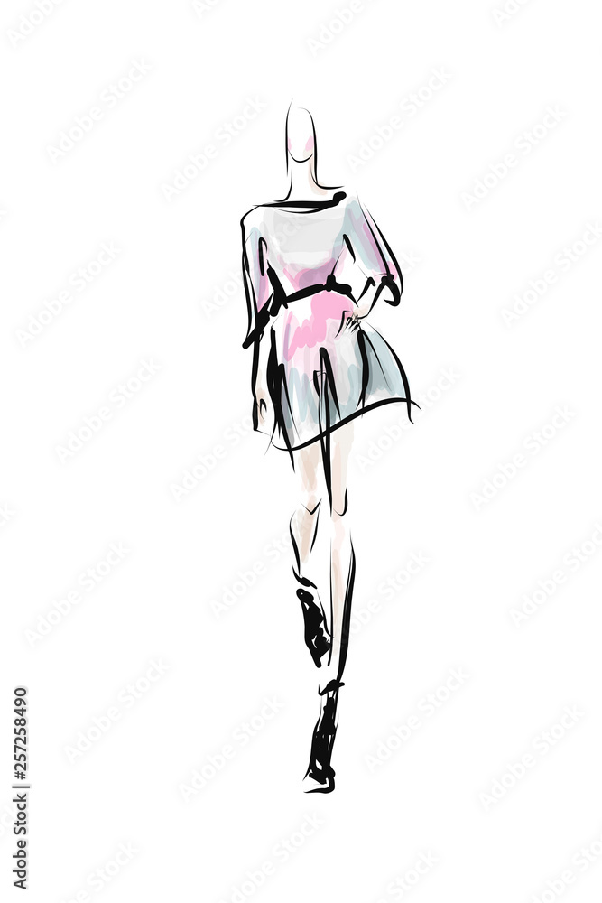 Hand-drawn fashion illustration. Young woman, girl, model. Sketch ...