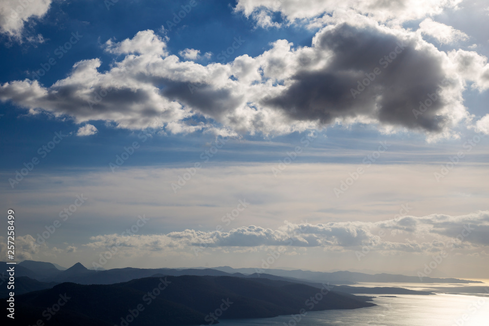 Silhouettes of hills and mountains on the Mediterranean. Blue mountains and blue sea. Landscapes Of Marmaris.