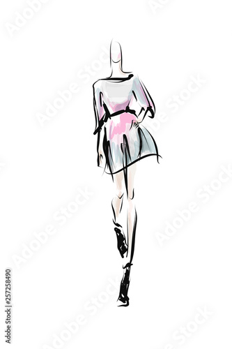 Hand-drawn fashion illustration. Young woman, girl, model. Sketch, vector