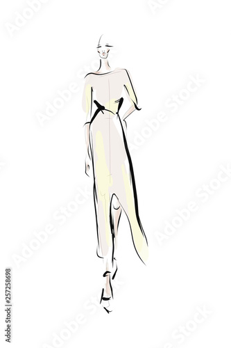 Hand-drawn fashion illustration. Young woman, girl, model. Sketch, vector
