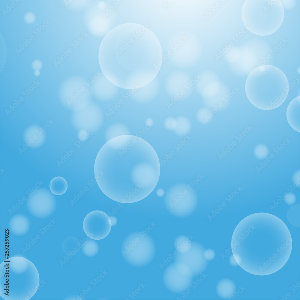 Light blue abstract background with a bokeh in the form of circles. Underwater world with air bubbles. Vector illustration.