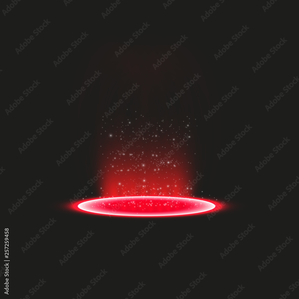 Futuristic teleport. Magic fantasy portal. Light effect. Red candles rays of a night scene with sparks on a transparent background. Empty light effect of the podium. Disco club dancefloor. Futuristic teleport. Magic fantasy portal. Light effect. Red candles rays of a night scene with sparks on a transparent background. Empty light effect of the podium. Disco club dancefloor.