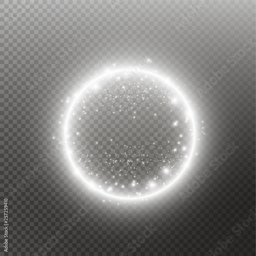 Vector light ring. Round shiny frame with lights dust trail particles isolated on transparent background.