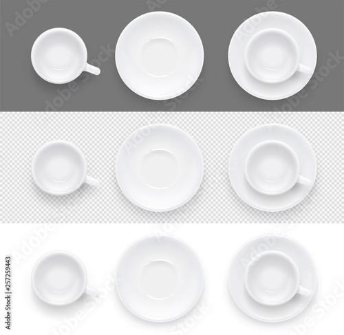 Cup and plate for coffee and tea. Ceramic dishes for drink. Porcelain utensil for restaurant and cafe. Eps10 vector illustration.