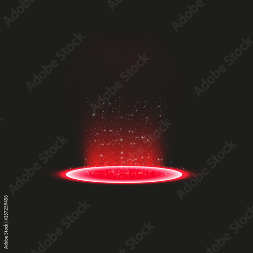 Futuristic teleport. Magic fantasy portal. Light effect. Red candles rays of a night scene with sparks on a transparent background. Empty light effect of the podium. Disco club dancefloor.