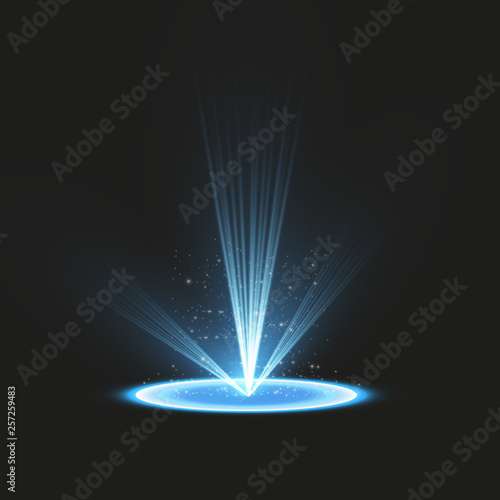 Futuristic teleport. Magic fantasy portal. Light effect. Blue candles rays of a night scene with sparks on a transparent background. Empty light effect of the podium. Disco club dancefloor.