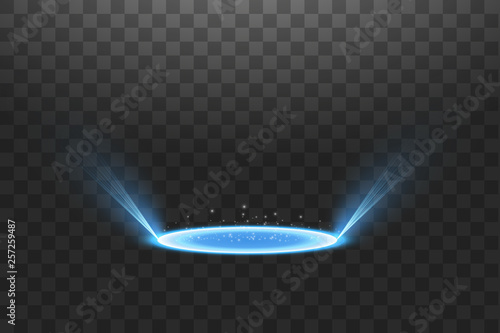 Futuristic teleport. Magic fantasy portal. Light effect. Blue candles rays of a night scene with sparks on a transparent background. Empty light effect of the podium. Disco club dancefloor.
