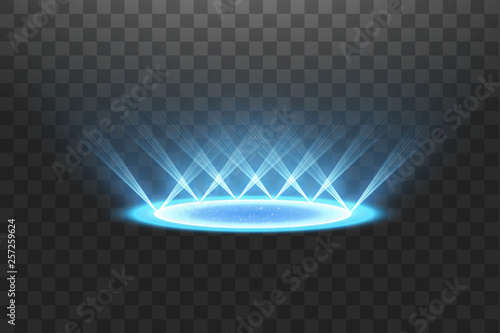 Futuristic teleport. Magic fantasy portal. Light effect. Blue candles rays of a night scene with sparks on a transparent background. Empty light effect of the podium. Disco club dancefloor.