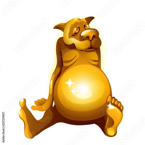 Golden figurine of a dog gorged itself isolated on white background. Vector cartoon close-up illustration.