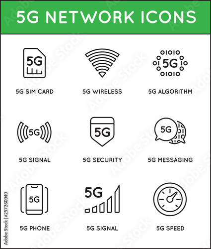 Simple line stroke vector icon set, New 5th generation mobile network 5G, High speed connection wireless systems.