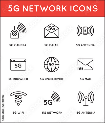 Simple line stroke vector icon set,new 5th generation mobile network 5G, high speed connection wireless systems.