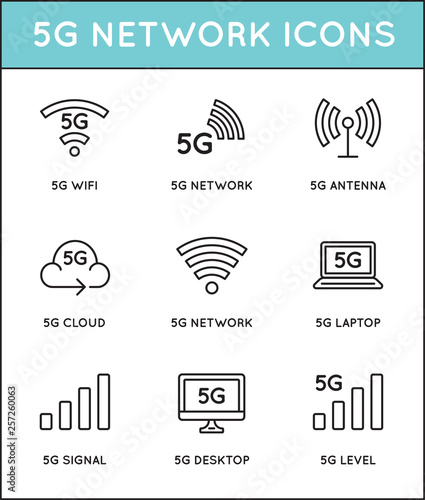Simple line stroke vector icon set,new 5th generation mobile network 5G, high speed connection wireless systems.