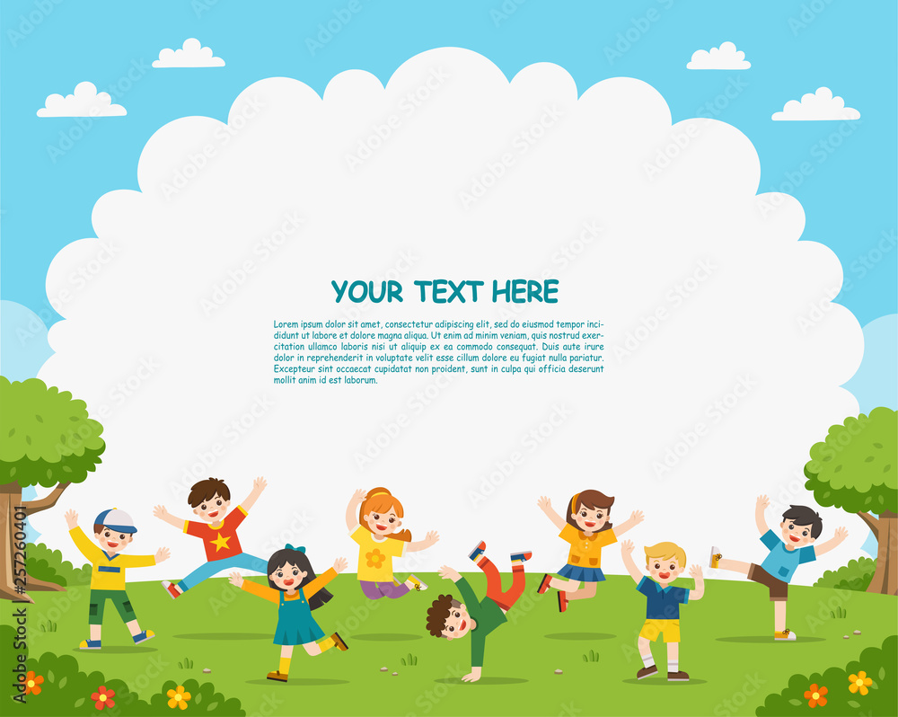 Children's activities. Happy children are jumping on the park.Template for advertising brochure. Children's activities. Happy children are jumping on the park.Template for advertising brochure.