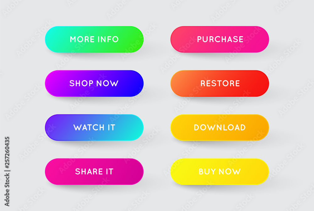 Vector Set of Modern Gradient App or Game Buttons. Trendy gradient colors with shadows. Vector Set of Modern Gradient App or Game Buttons. Trendy gradient colors with shadows.