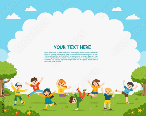 Children's activities. Happy children are jumping on the park.Template for advertising brochure.