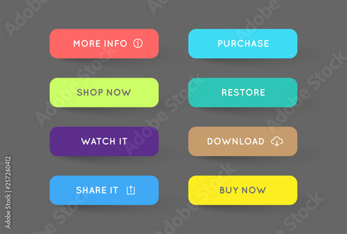 Vector Set of Modern Flat App or Game Buttons. Trendy flat colors with shadows.