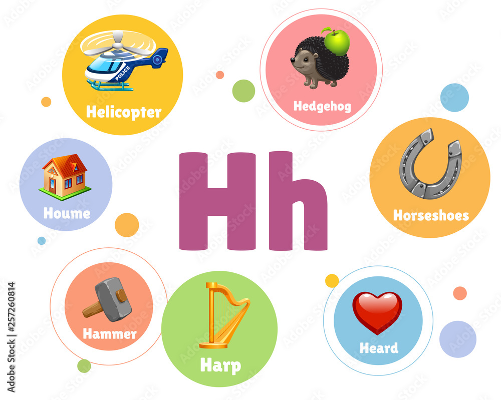 vector illustration colored set objects with H letter