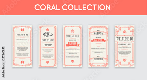 Set of Geometric Gatsby Art Deco Style Wedding Invitation Design. Coral Trendy Color.
