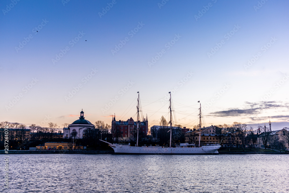 An old white sailing ship  in Stockholm during a colorful sunrise - 2