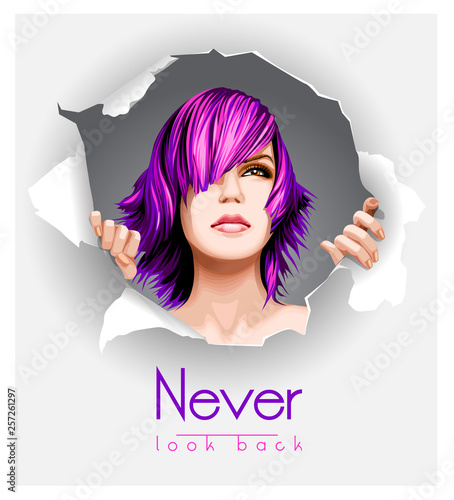 Vector illustration of fashion girl and slogan never look back